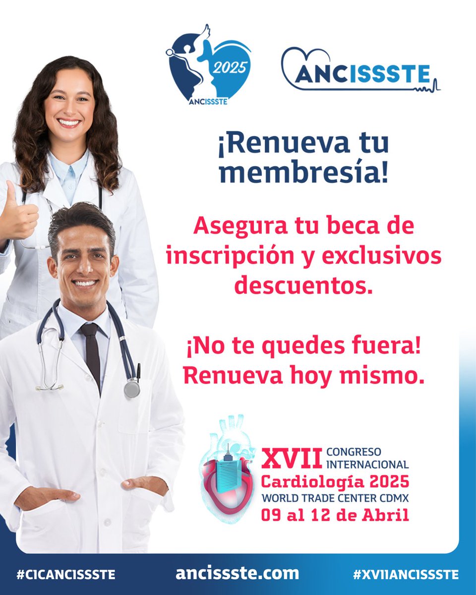 ANCISSSTE Oficial (@ancissstemx) on Twitter photo ¡Renueva tu membresía socio ANCISSSTE!
Asegura tu beca de inscripción al XVII CIC ANCISSSTE 2025 y otros exclusivos descuentos. ¡No te quedes fuera! Renueva hoy mismo. <a href="/AncisssteMx/">ANCISSSTE Oficial</a> #XVIIANCISSSTE #CICANCISSSTE #CongresoCardiología #Membresía #Beneficios #Descuentos #Renovación ¡Renueva tu membresía socio ANCISSSTE!
Asegura tu beca de inscripción al XVII CIC ANCISSSTE 2025 y otros exclusivos descuentos. ¡No te quedes fuera! Renueva hoy mismo. <a href="/AncisssteMx/">ANCISSSTE Oficial</a> #XVIIANCISSSTE #CICANCISSSTE #CongresoCardiología #Membresía #Beneficios #Descuentos #Renovación