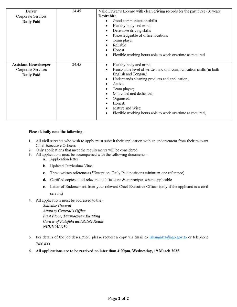 Lakanga 'ata 'i he 'Ofisi 'o e 'Ateni Seniale.
1. Senior Crown Counsel
2. Assistant Crown Counsel
3. Senior Accounting Officer
4. Driver
5. Assistant Housekeeper
ago.gov.to/cms/about/care…