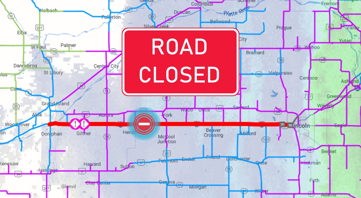 NEStatePatrol's tweet image. 🚨Interstate 80 is CLOSED between Grand Island and Lincoln because of multiple crashes and blizzard conditions. 

Do not attempt to travel in blizzard conditions. Find a safe place to park for the night.