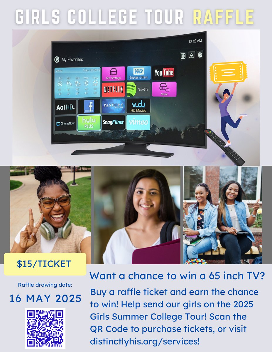 DistinctlyHIS (@distinctlyhis_) on Twitter photo Want to win a 65inch TV? Buy a raffle ticket and help send our girls on our 2025 Girls Summer College Tour! Scan the code or visit DistinctlyHis.org/services to purchase your ticket today! Spread the word! <a href="/KJ7_Jackson/">Kim Jackson</a> <a href="/Lee_j4/">Lee Jackson </a> Want to win a 65inch TV? Buy a raffle ticket and help send our girls on our 2025 Girls Summer College Tour! Scan the code or visit DistinctlyHis.org/services to purchase your ticket today! Spread the word! <a href="/KJ7_Jackson/">Kim Jackson</a> <a href="/Lee_j4/">Lee Jackson </a>