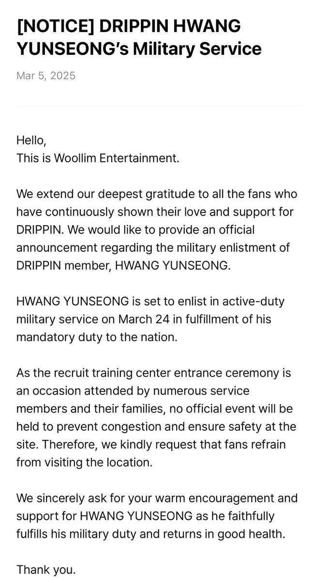 ช็อกมาก😱 ยุนซอง DRIPPIN เข้ากรม 24 มีนาคม เนื่องจากพิธีเข้าศูนย์ฝึกอบรมมีสมาชิกจำนวนมาก จึงไม่มีการจัดงานเพื่อป้องกันความแออัดและรับรองความปลอดภัยในสถานที่ จึงขอความกรุณาแฟนๆ งดการเข้าเยี่ยม

//คือน้องเกิดปี 2000 ยังไม่ได้เตรียมใจเลยด้วยซ้ำว่าจะเข้ากรมปีนี้ㅠㅠ