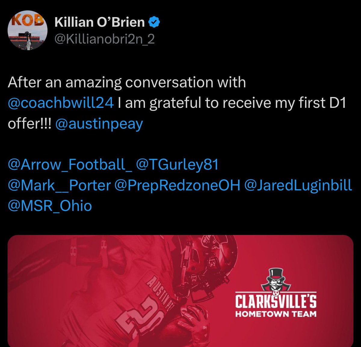 Tori Gurley (@tgurley81) on Twitter photo Congrats <a href="/Killianobri2n_2/">Killian O’Brien</a> on the <a href="/austinpeay/">Austin Peay State University</a> offer!!! We get #offers & #results at Torigurley.com Sign Up Now!!! Congrats <a href="/Killianobri2n_2/">Killian O’Brien</a> on the <a href="/austinpeay/">Austin Peay State University</a> offer!!! We get #offers & #results at Torigurley.com Sign Up Now!!!