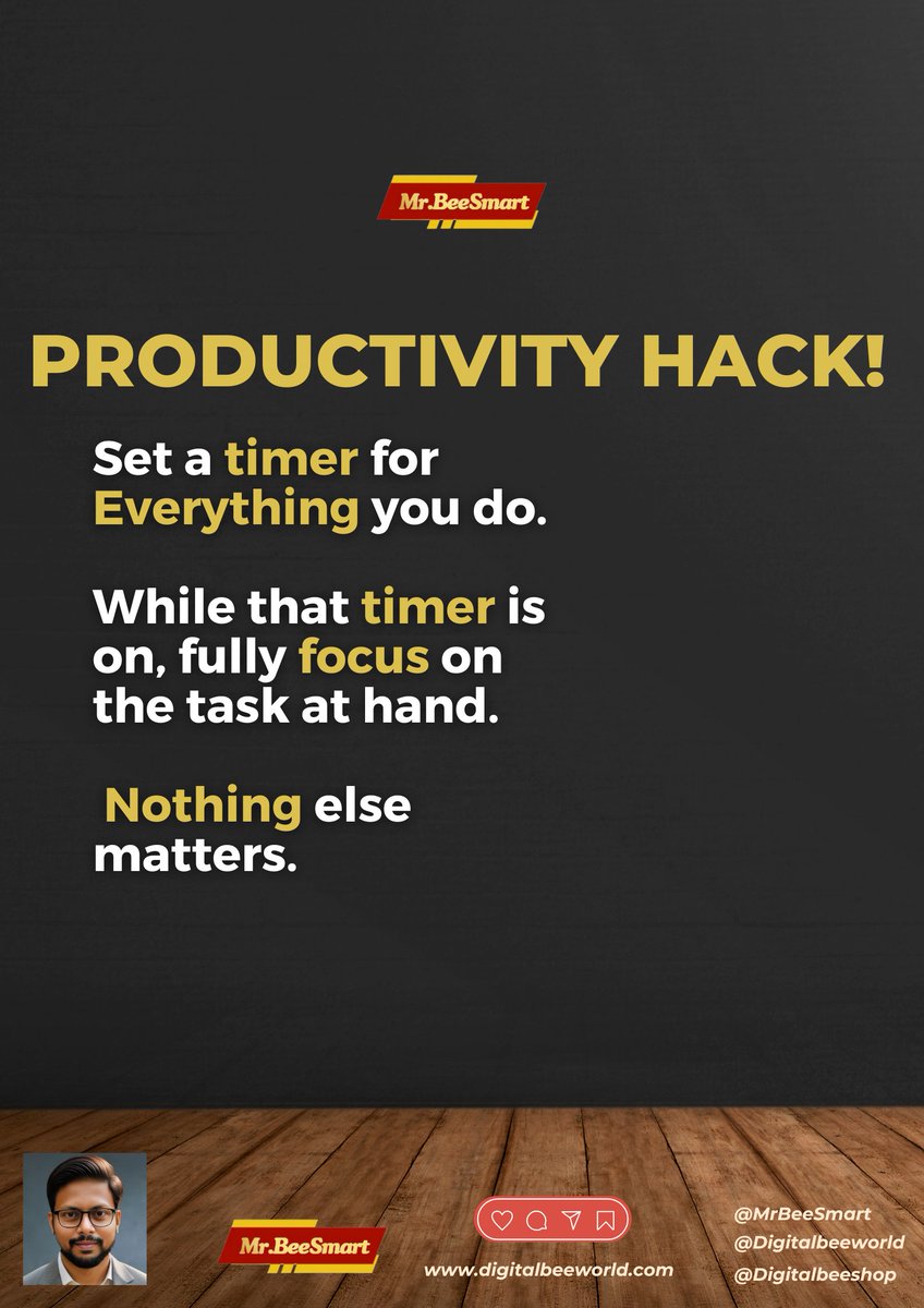 MrBeesmart's tweet photo. 🔥 Unlock Your Productivity Superpower: The Timer Hack

✨ The Productivity Paradox:
Constant distractions and multitasking hinder progress
Lack of intentionality leads to wasted time and effort

🤔 The Timer Technique:
Set a timer for every task, big or https://t.co/JDMZeLCwDB
