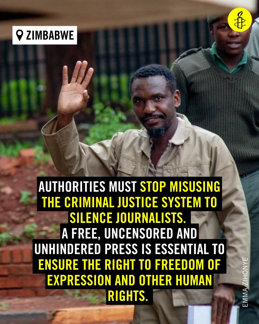 Blessed Mhlanga, a senior journalist with Alpha Media Holdings, has now spent 9 days in pre-trial detention.

Journalism is not a crime and media practitioners should be able to discharge their professional duties without fear of reprisals.

Authorities must stop misusing the
