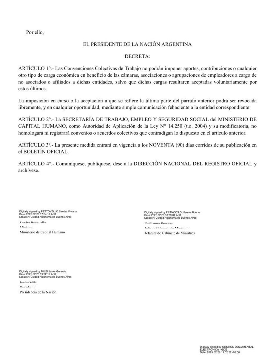 ImpuestosyE's tweet photo. ESPECTACULAR 👏

Las Convenciones Colectivas de Trabajo no podrán imponer aportes, contribuciones o cualquier otro tipo de carga económica en beneficio de las cámaras, asociaciones o agrupaciones de empleadores a cargo de no asociados o afiliados a dichas entidades, salvo que dichas cargas resultaren aceptadas voluntariamente por estos últimos.

Boletín Oficial  #5M 
#BuenLunes 

https://t.co/MTO60ru1qQ
CHAU INACAP ! Afueraaa!