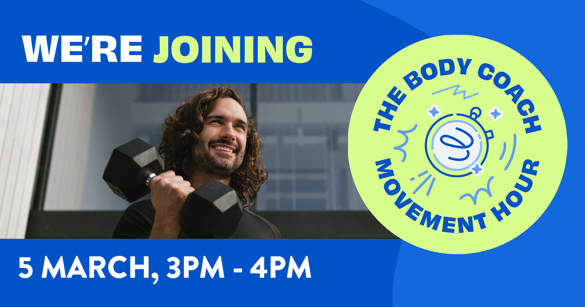 #MovementHour is today

Get moving with a variety of activities across all our campuses. 

There are spaces still available on selected activities 🔗bit.ly/3XeLZSK

Working/studying from home? You can access an online workout through <a href="/thebodycoach/">Joe Wicks</a> TV or do your own thing