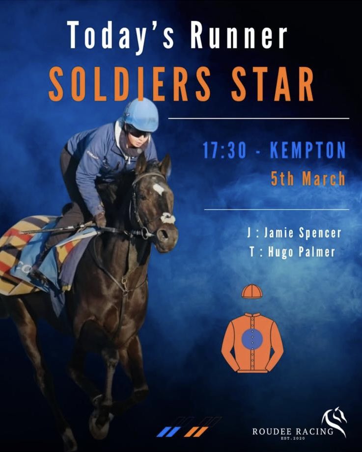 Soldiers Star runs <a href="/kemptonparkrace/">Kempton Park Racecourse</a> today for <a href="/MHS_HorseRacing/">Manor House Stables</a> with <a href="/JPSPENCER1980/">JamieSpencer 🐴</a> taking the ride . Good luck to his owners 🟠🔵🐎