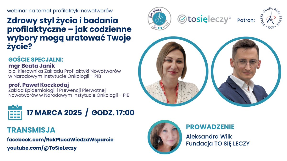 Fundacja To Się Leczy (@sieleczy) on Twitter photo 📣 Zapraszamy na webinar „Zdrowy styl życia i badania profilaktyczne – jak codzienne wybory mogą uratować Twoje życie?„ który odbędzie się 17 marca 2025 r. o godz. 17:00 z udziałem ekspertów <a href="/NIO_PIB/">Narodowy Instytut Onkologii, Warszawa</a>
👤 mgr Beata Janik oraz prof. <a href="/PawelKoczkodaj/">Pawel Koczkodaj</a>
fb.me/e/2Qyy2ue0T 📣 Zapraszamy na webinar „Zdrowy styl życia i badania profilaktyczne – jak codzienne wybory mogą uratować Twoje życie?„ który odbędzie się 17 marca 2025 r. o godz. 17:00 z udziałem ekspertów <a href="/NIO_PIB/">Narodowy Instytut Onkologii, Warszawa</a>
👤 mgr Beata Janik oraz prof. <a href="/PawelKoczkodaj/">Pawel Koczkodaj</a>
fb.me/e/2Qyy2ue0T