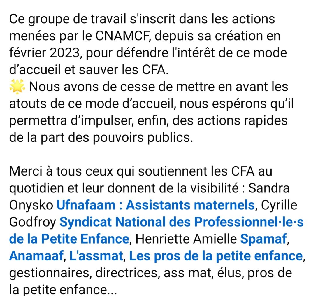 CNAMCF (@cnamcf) on Twitter photo Merci à Mme <a href="/AnnickBouquet/">Annick Bouquet</a> pour ce partage: facebook.com/share/p/15q537…
Le CNAMCF remercie également l’ensemble des participants au groupe de travail pour leur investissement et les échanges riches.
#crèchefamiliale #assmatcrechefa #assmat #eaje #sppe Merci à Mme <a href="/AnnickBouquet/">Annick Bouquet</a> pour ce partage: facebook.com/share/p/15q537…
Le CNAMCF remercie également l’ensemble des participants au groupe de travail pour leur investissement et les échanges riches.
#crèchefamiliale #assmatcrechefa #assmat #eaje #sppe