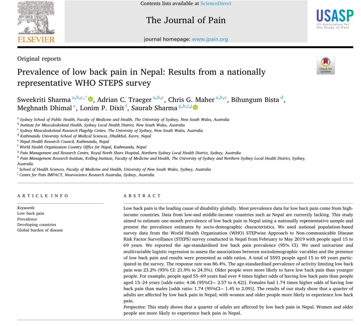 A quarter of people in Nepal experience activity limiting low back pain

doi.org/10.1016/j.jpai…