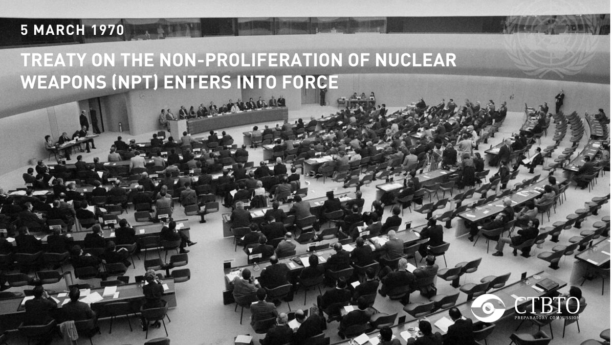 5 March marks 55 years since the entry-into-force of the NPT- a cornerstone of global peace &amp; security. The #CTBT builds on the NPT’s goal of preventing the spread of nuclear weapons by banning nuclear tests. Learn more and join the mission for a safer 🌏: ctbto.info/Mission