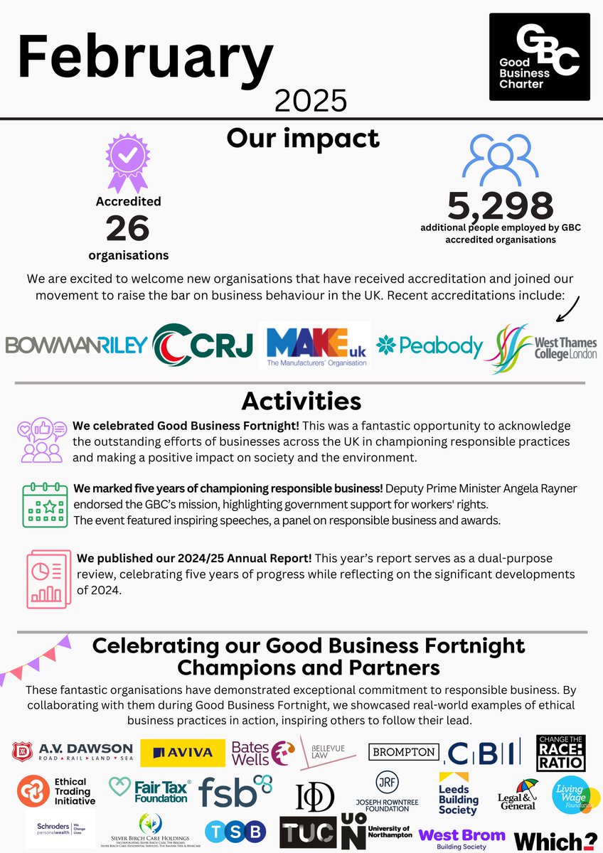 Good Business Charter (@gbcharteruk) on Twitter photo February update on the GBC🌎
This month's update includes:
🔹Celebrating Good Business Fortnight👉 t.ly/kj76K
🔹5th Anniversary event 👉 t.ly/LvSQM
🔹Publishing our Annual Report 👉 t.ly/F8nmb
<a href="/bowmanrileyarch/">Bowman Riley</a> <a href="/MakeUK_/">Make UK</a> <a href="/WestThames/">West Thames College</a> February update on the GBC🌎
This month's update includes:
🔹Celebrating Good Business Fortnight👉 t.ly/kj76K
🔹5th Anniversary event 👉 t.ly/LvSQM
🔹Publishing our Annual Report 👉 t.ly/F8nmb
<a href="/bowmanrileyarch/">Bowman Riley</a> <a href="/MakeUK_/">Make UK</a> <a href="/WestThames/">West Thames College</a>
