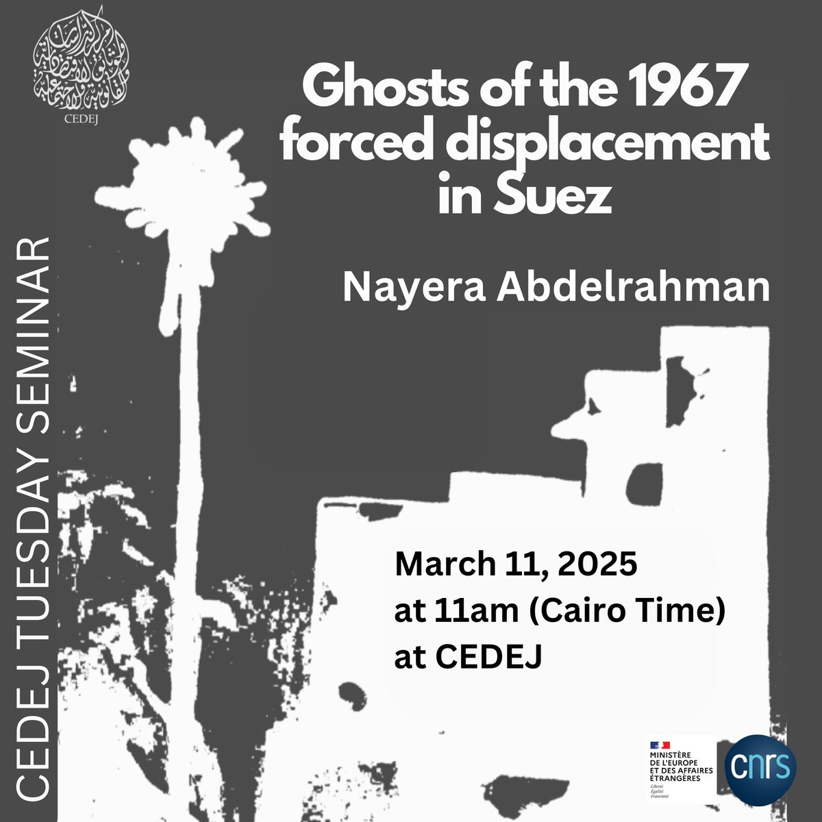 🔊On Tuesday 11 March, 2025 at CEDEJ at ⏲️11am Nayera Abdelrahman Soliman will be presenting her research ''Ghosts of the 1967 forced displacement in Suez''
Find more: cedej-eg.org/events/