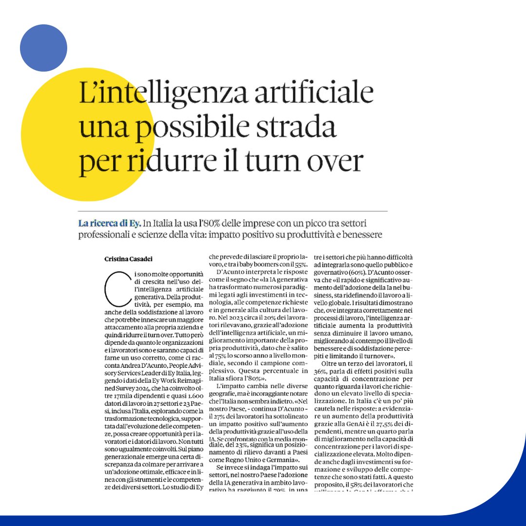 La corsa italiana  
🗞️"L'intelligenza artificiale una possibile strada per ridurre il turn over" su <a href="/sole24ore/">IlSole24ORE</a> 

#AI <a href="/EYnews/">EY</a> <a href="/paoloigna1/">paolo ignazio marong</a> <a href="/StivaleDigitale/">Stivale Digitale</a> <a href="/InnovazioneTri1/">Innovazione Tricolore</a> <a href="/MastroBlockcha1/">Mastro Blockchain</a> <a href="/Fra7russo/">Francesco Paolo Russo 🚀</a> <a href="/secolourbano/">Giacomo Biraghi</a> <a href="/GiovannaDiTroia/">Giovanna Di Troia</a> <a href="/michelegentili/">Michele Gentili</a> <a href="/twittfilosofici/">Tweet Filosofici</a> <a href="/lpasquarelli010/">Laura Pasquarelli 🎵🎶🎵</a>