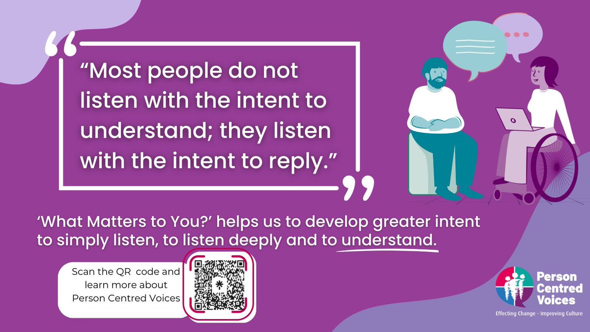Person Centred Voices (@personcentredvo) on Twitter photo “Most people do not listen with the intent to understand; they listen with the intent to reply.”
Active listening is at the heart of 'What Matters to You?' –making space for people’s voices, values, and needs.
Get in touch with Person Centred Voices to find out more!
<a href="/tommyNtour/">Tommy Whitelaw BCAh</a> “Most people do not listen with the intent to understand; they listen with the intent to reply.”
Active listening is at the heart of 'What Matters to You?' –making space for people’s voices, values, and needs.
Get in touch with Person Centred Voices to find out more!
<a href="/tommyNtour/">Tommy Whitelaw BCAh</a>