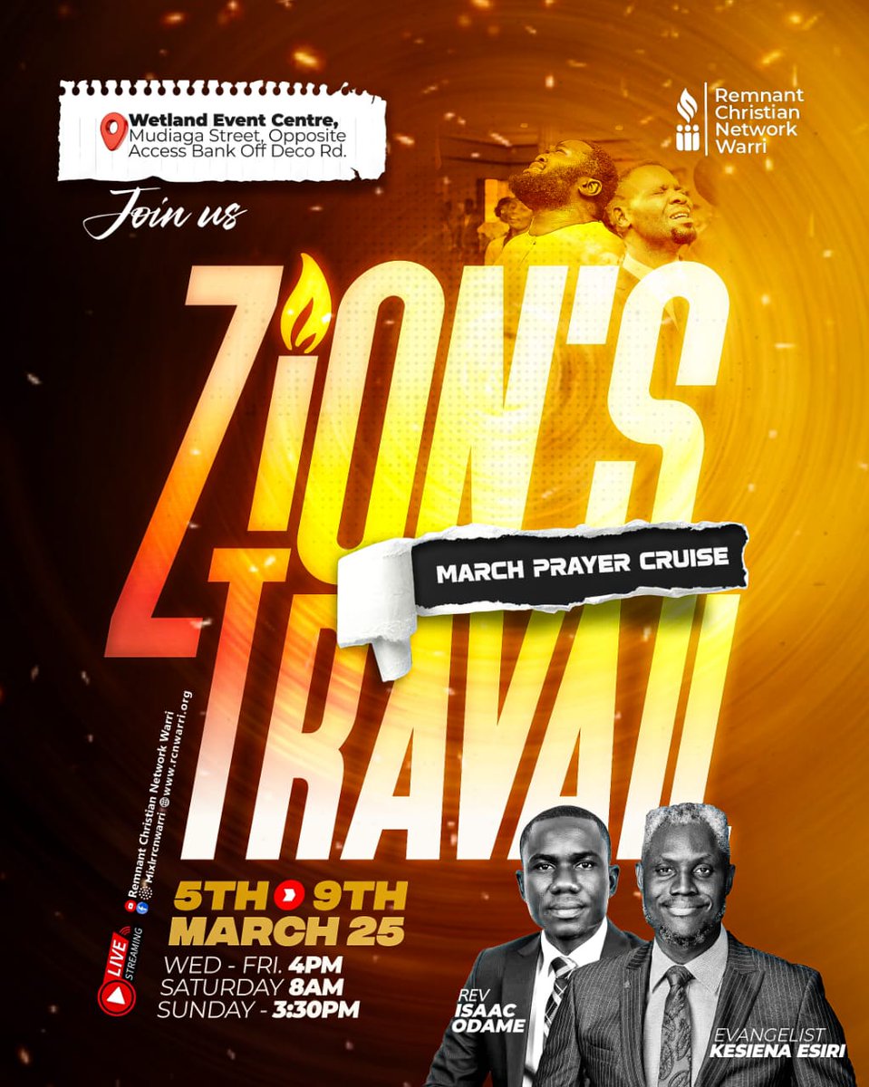 RcnWarri's tweet image. ZION’S TRAVAIL BEGINS TODAY!🔥

Let the warriors arise! Let the intercessors take their place! 
Don’t be a spectator. Step in, press in ~ Zion must travail!

Join us Online and On-site 4pm WAT.
See You There!!!

#ZionsTravail
#RCNWarri 
#RevIsaacOdame
#EvangKesienaEsiri