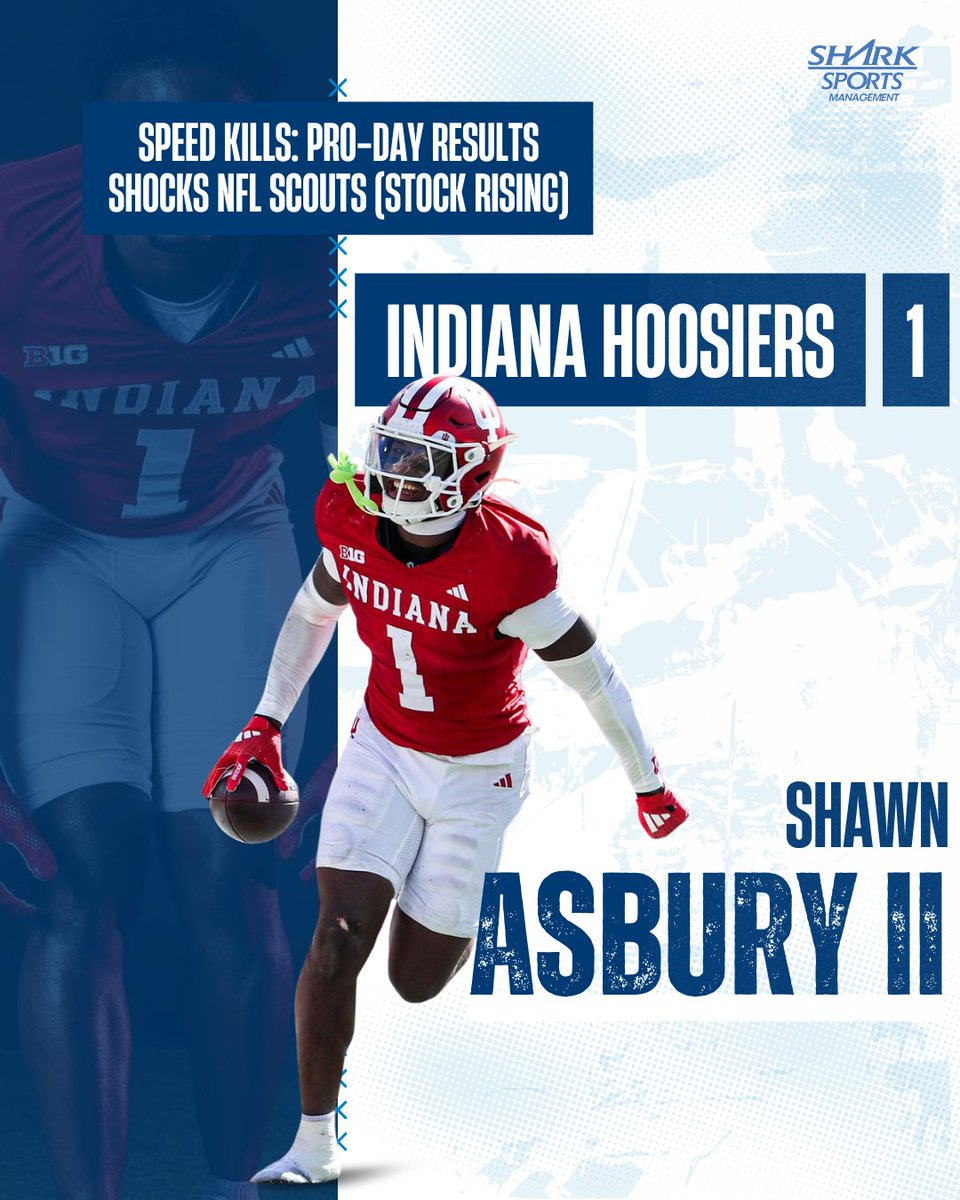 Shark Sports Management (@managementshark) on Twitter photo 🚀 Pro Day = DOMINATED! 🚀
Shawn Asbury II (<a href="/Shawnniee2x/">Shawn Asbury II</a>) put on a showcase of speed, explosiveness, and athleticism at his Pro Day, NFL teams, take notice! 🏈🔥
✅ 4.50s40-yard dash – Elite safety speed! ⚡
✅ 10’2” broad jump – Power and explosiveness
@iuhoosiers #NFLDraft 🚀 Pro Day = DOMINATED! 🚀
Shawn Asbury II (<a href="/Shawnniee2x/">Shawn Asbury II</a>) put on a showcase of speed, explosiveness, and athleticism at his Pro Day, NFL teams, take notice! 🏈🔥
✅ 4.50s40-yard dash – Elite safety speed! ⚡
✅ 10’2” broad jump – Power and explosiveness
@iuhoosiers #NFLDraft