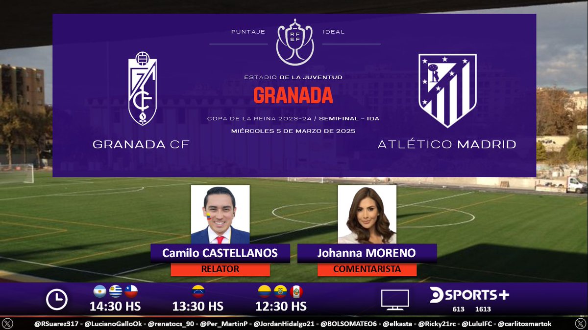 Puntaje_Ideal's tweet image. ⚽ #CopaDeLaReina 🇪🇸 | @GranadaCF_Fem vs. @AtletiFemenino
🎙 Relator: @CastellanosCami 
🎙 Comentarista: @johamorenoG
📺 @DSports + (613-1613 HD) Sudamérica
💻📱 @DGO_Latam
🤳 #FutbolEnDSPORTS - #GranadaAtleti
Dale RT 🔃