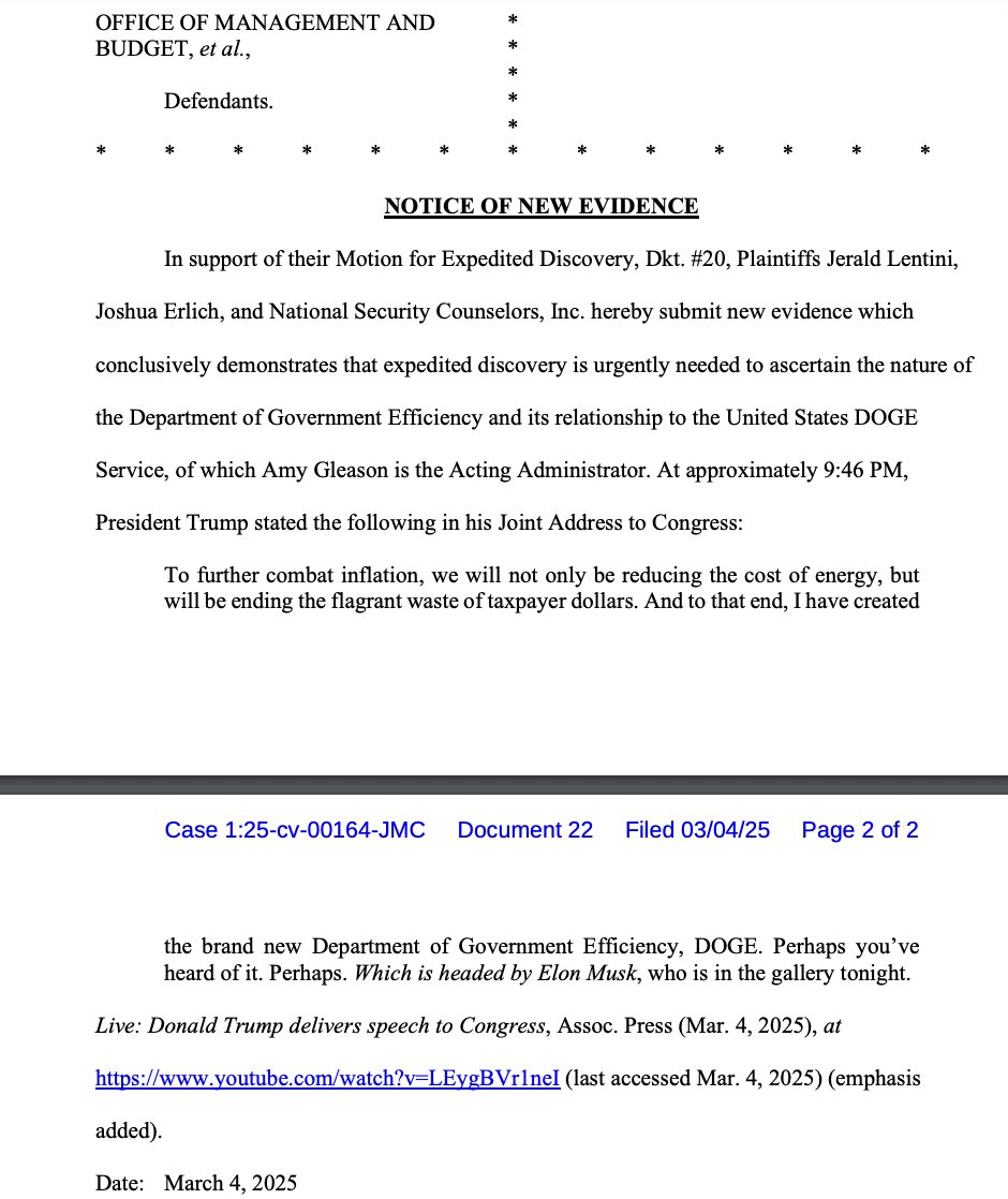 THAT DIDN'T TAKE LONG: Plaintiffs in one lawsuit against DOGE have alerted the court to President Trump's remarks tonight calling Elon Musk the "head" of the office.