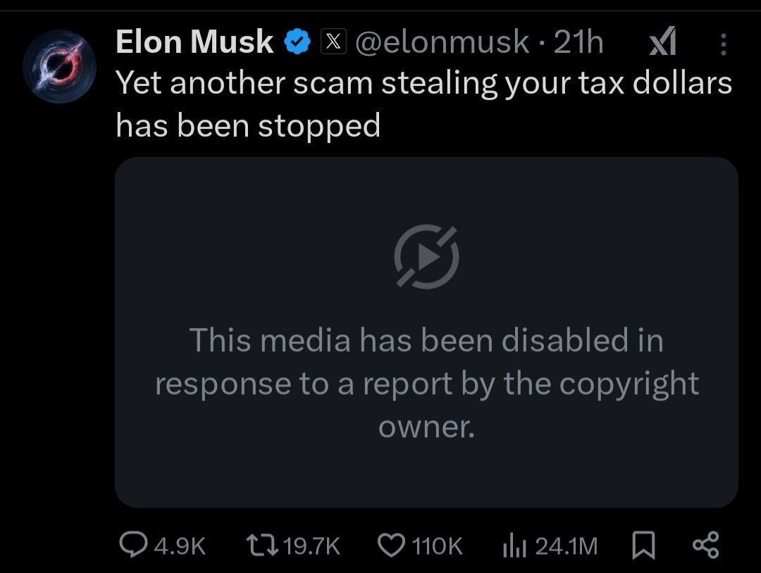 هذا ما يسمى بالعدالة، حتى إيلون ماسك هو مالك X ولكن كان هناك تقرير حقوق الطبع والنشر من منشور قام به وقام X بإزالته للتو من حسابه.