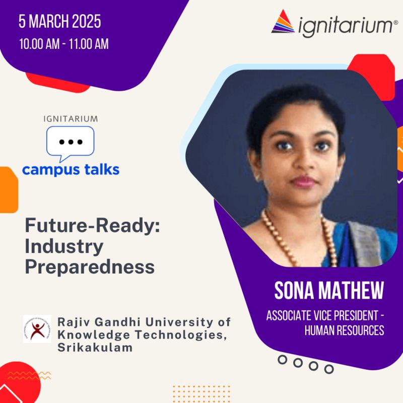 ignitarium's tweet image. Our Associate Vice President - Human Resources, Sona Mathew will be speaking again at RAJIV GANDHI UNIVERSITY OF KNOWLEDGE TECHNOLOGIES, SRIKAKULAM today! 
#ignitarium #sparkon #campustalk #BeyondTech #IndustryReadiness 
#softskills #campustalks