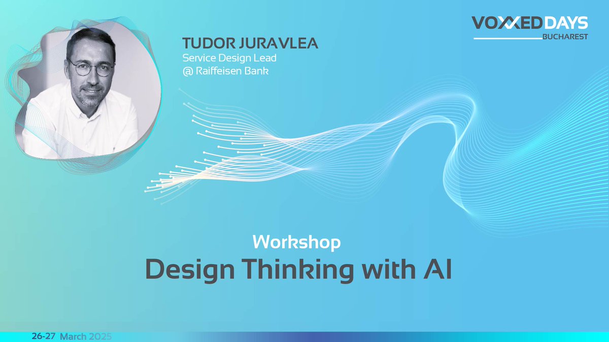 Voxxed Days Bucharest (26-27 March 2025) (@voxxedbucharest) on Twitter photo 🤖 Calling all innovators, designers, and AI enthusiasts! Join us for a full-day hands-on workshop with <a href="/TudorJuravlea/">Tudor Juravlea</a>!
💡 Design Thinking with AI – an interactive experience that merges human-centered design with the power of Generative AI.
Book here➡️romania.voxxeddays.com/design-thinkin… 🤖 Calling all innovators, designers, and AI enthusiasts! Join us for a full-day hands-on workshop with <a href="/TudorJuravlea/">Tudor Juravlea</a>!
💡 Design Thinking with AI – an interactive experience that merges human-centered design with the power of Generative AI.
Book here➡️romania.voxxeddays.com/design-thinkin…