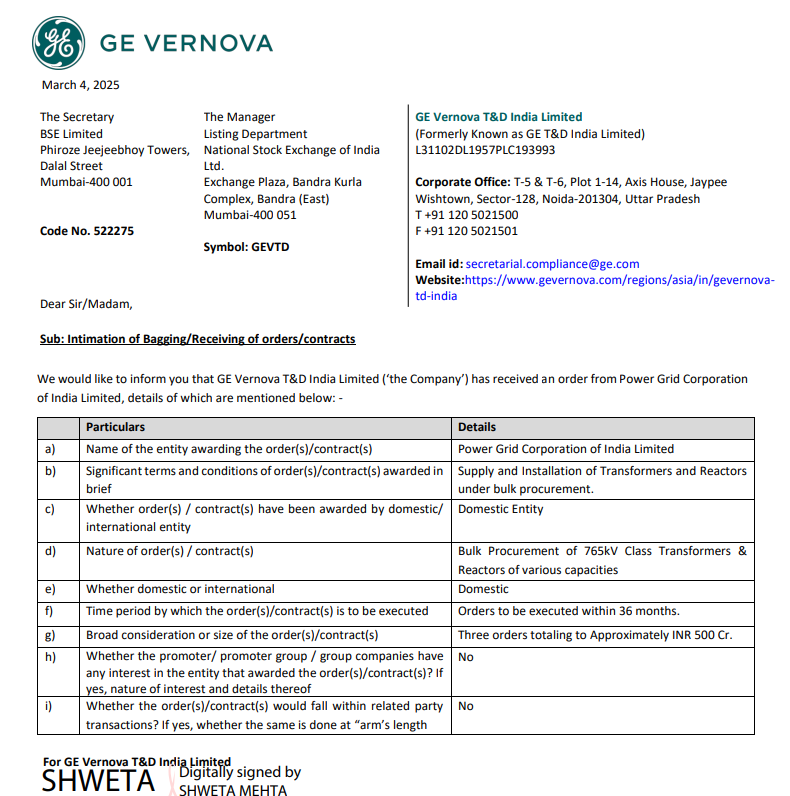 alkeshthakkar's tweet image. ORDER DATE 04/03/2025

#GVT&amp;amp;D  - 1403.70

GE Vernova T&amp;amp;D India Limited (‘the Company’) has received an order from Power Grid Corporation of India Limited. Three orders totaling to Approximately INR 500 Cr.