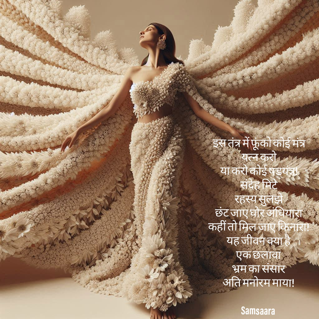 इस तंत्र में फूंको कोई मंत्र 
यत्न करो
या करो कोई षडयंत्र!
संदेह मिटे
रहस्य सुलझे
छंट जाए घोर अंधियारा
कहीं तो मिल जाए किनारा!
यह जीवन क्या है?
एक छलावा
भ्रम का संसार 
अति मनोरम माया!

#छोटा_दरवाज़ा #तंत्र 
#लेखनी #Poetry