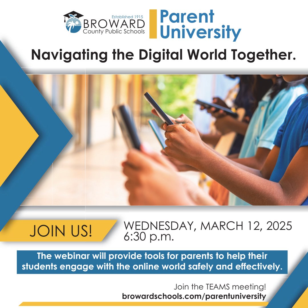 Broward Schools (@browardschools) on Twitter photo Join <a href="/BCPSInnovates/">Innovative Learning</a> for another Parent University: Navigating the Digital World Together - March 12 at 6:30 p.m. Learn how to help students engage online safely. Questions will be answered throughout the presentation, and closed captions will be available in various languages. Join <a href="/BCPSInnovates/">Innovative Learning</a> for another Parent University: Navigating the Digital World Together - March 12 at 6:30 p.m. Learn how to help students engage online safely. Questions will be answered throughout the presentation, and closed captions will be available in various languages.