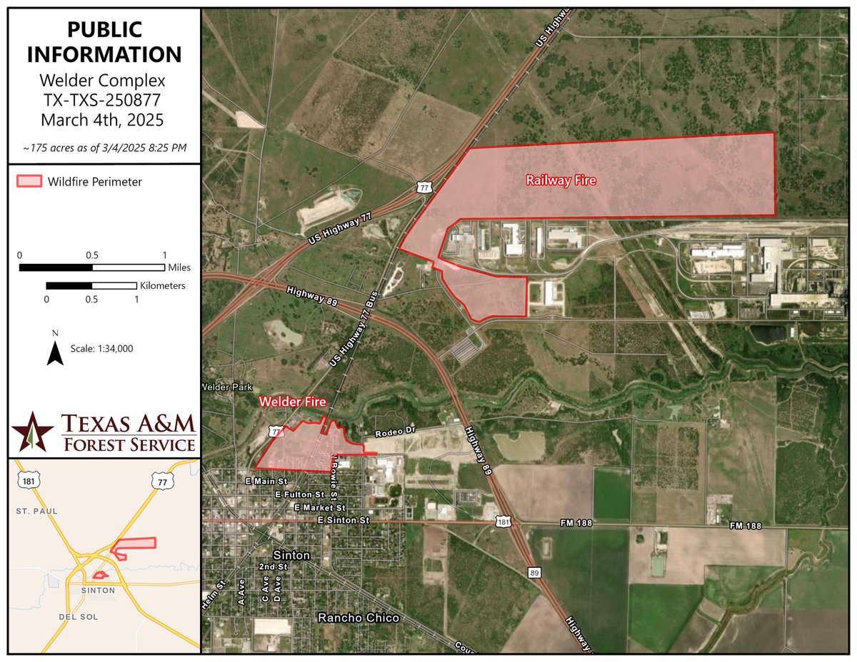 Update: the #WelderFire in San Patricio County is now called the #WelderComplex. The complex includes the #WelderFire (est. 80 acres and 50% contained) and the #RailwayFire (est. 500 acres and 25% contained). #txfire