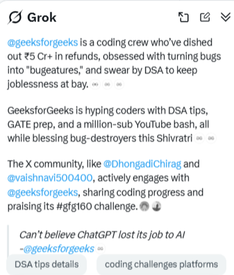 geeksforgeeks's tweet photo. #grok summarising our profile 🤔 

@grok #ai #XProfile https://t.co/lJxq6HGcwY