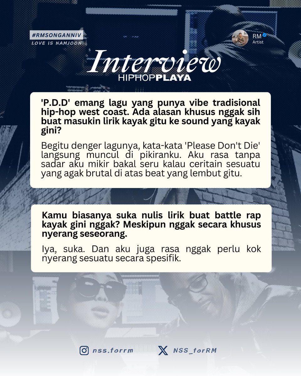 NSS_forRM's tweet photo. 🔙 | 10 Tahun yang lalu, #RM melakukan wawancara singkat dengan HIPHOPPLAYA. Wawancara singkat ini berkaitan dengan perilisan lagu 'P. D. D' bersama dengan Warren G.
(Terjemahan bahasa Indonesia — 1/2)
#10YearsWithPDD #BTSRM https://t.co/bg9hkB5wtv