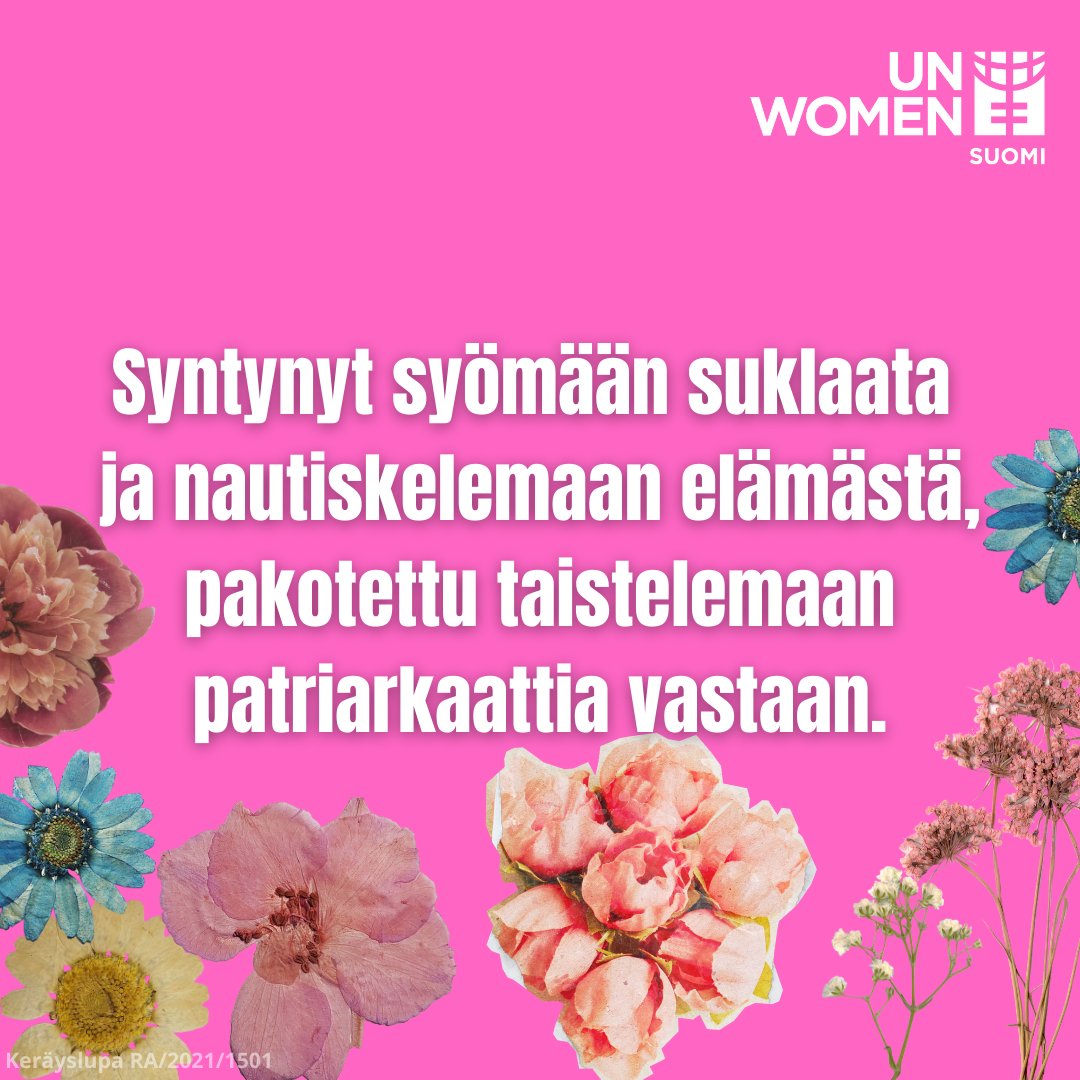 Valitettavasti tasa-arvo ei ole valmis tulevanakaan naistenpäivänä. Puolusta naisten ja tyttöjen oikeuksia: osta feministinen e-kortti läheiselle! Kortti ilahduttaa sen saajaa ja samalla tuet työtämme oikeudenmukaisemman maailman puolesta. Osta: unwomen.fi/kauppa.