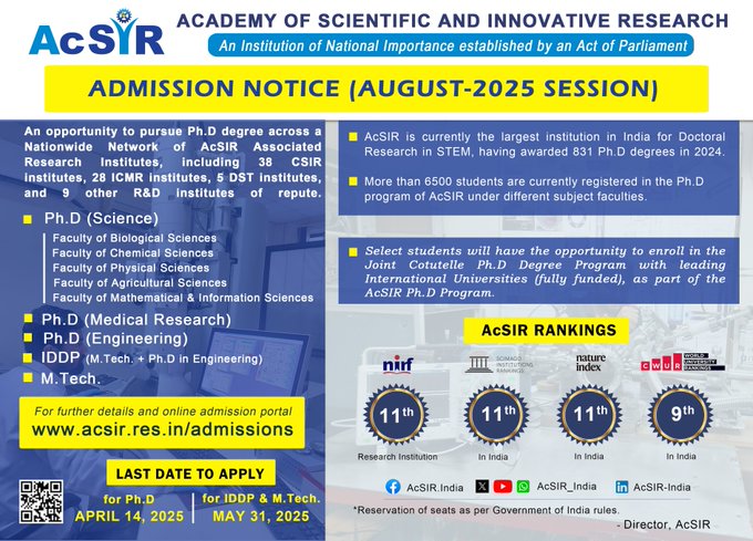 Join <a href="/CSIR_CDRI/">CSIR-CDRI</a> 's PhD program this August! We're inviting applications from candidates with valid fellowships to explore diverse research domains in chemistry and life sciences. Apply through AcSIR by April 14, 2025. 

🌐 Apply Now: acsir.res.in/admissions