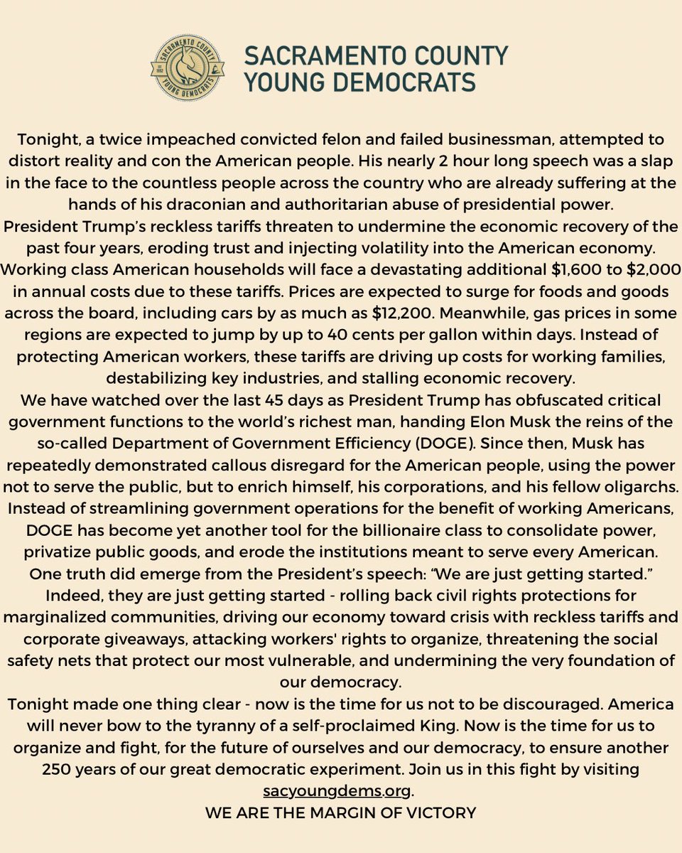 FOR IMMEDIATE RELEASE, Sacramento County Young Democrats respond to President Donald Trump’s joint address to the United States Congress