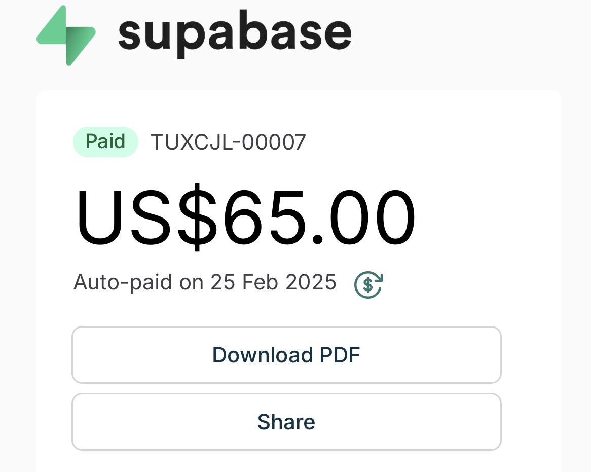 rexan_wong's tweet photo. really excited to announce i’ve joined @supabase 

as a customer - the cost of running an app w/ 300K+ users on supabase https://t.co/svfxYIWad3