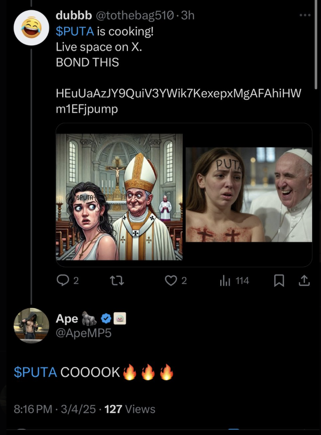 Puta_OnSOL's tweet photo. $PUTA
@Puta_OnSOL
Be like @ApeMP5 

Save Da Puta  
Puta to da Moona 🚀

CA: 
HEuUaAzJY9QuiV3YWik7KexepxMgAFAhiHWm1EFjpump    

Tele: https://t.co/KiXBEU09Dh https://t.co/rqPzpLbObs