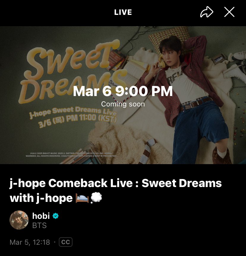 เตรียมพบกับ <a href="/BTS_twt/">방탄소년단</a> #jhope ‘j-hope Comeback Live : Sweet Dreams with j-hope 🛌💭’

🗓️ พฤหัสบดีที่ 6 มี.ค. เวลา 21:00 น. (ไทย)
📺 weverse.io/bts/live/3-193…

#jhope_SweetDreams