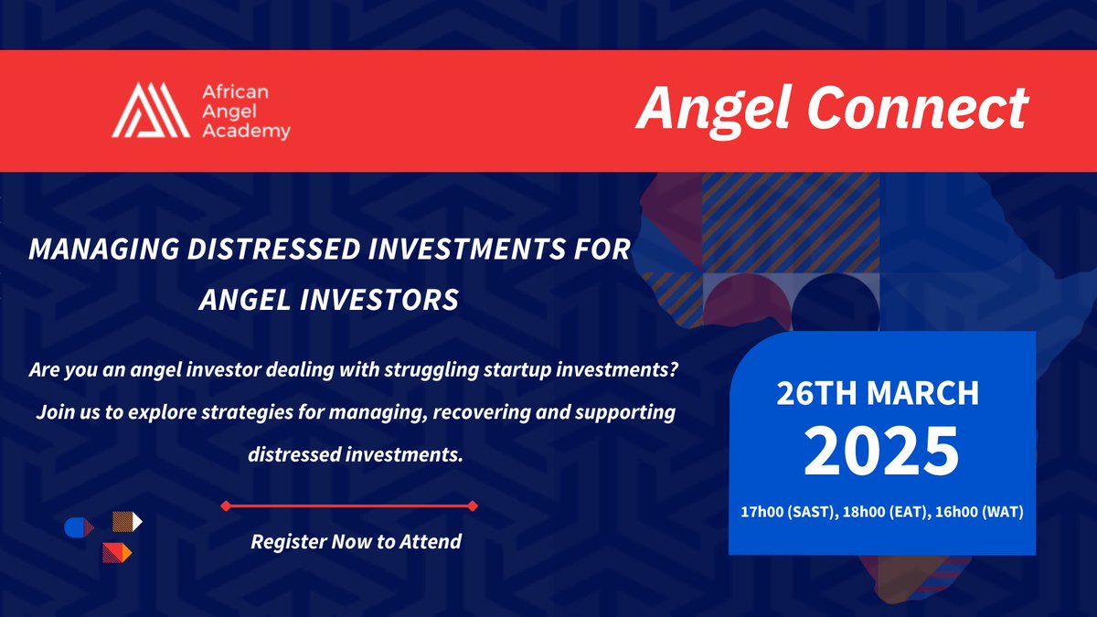 Not all investments go as planned! Join Angel Connects on March 26, 2025, at 6:00 PM EAT to explore strategies for managing and recovering distressed investments.

📅 Save the date &amp; register now: bit.ly/4khQ8yW

Speakers to be announced soon!

#AAA  #AngelConnects