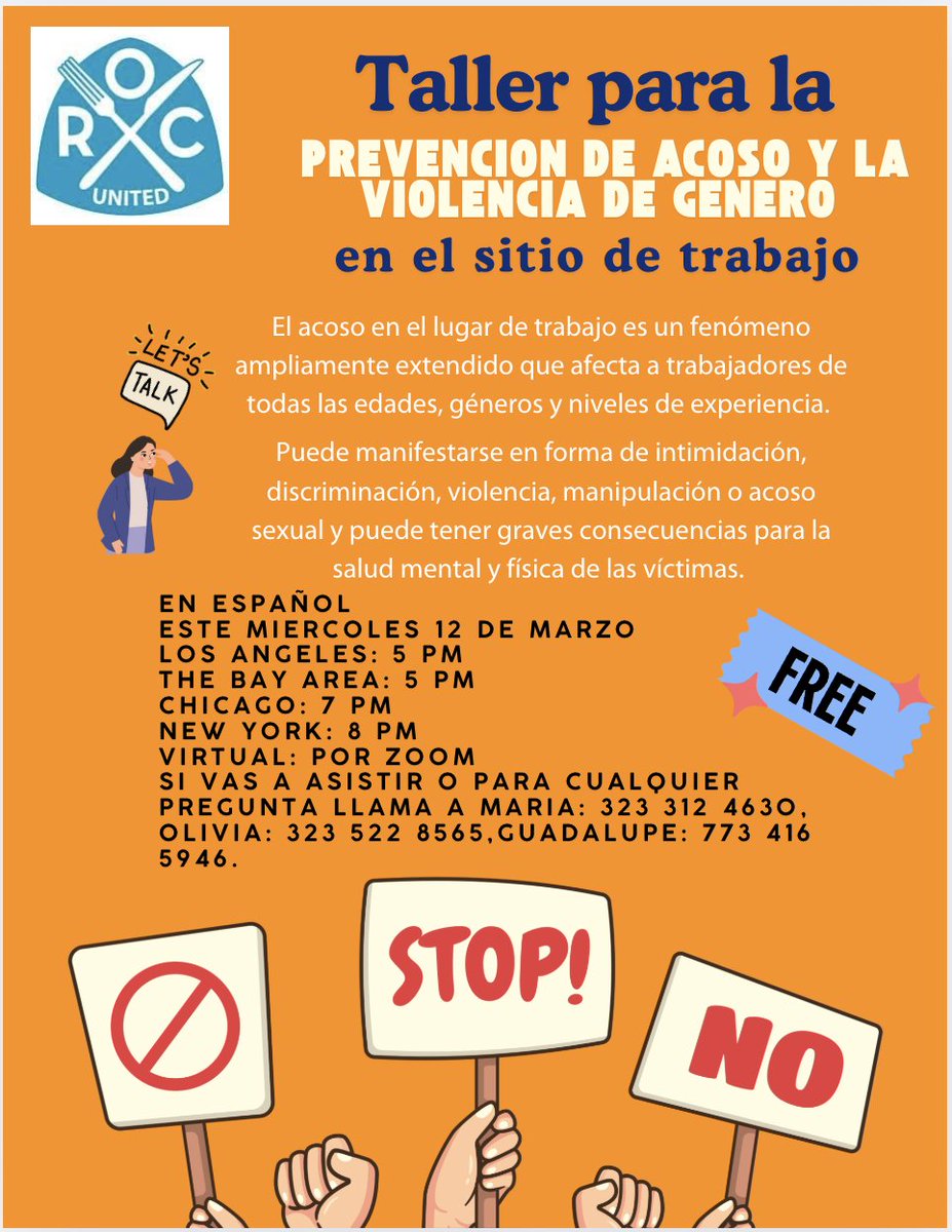 On March 12, 2025, ROC will conduct a FREE gender-based violence and harassment prevention in the workplace training <a href="/ROC_LA/">ROC-LA</a>
See details below and REGISTER NOW. Training will be conducted in Spanish.