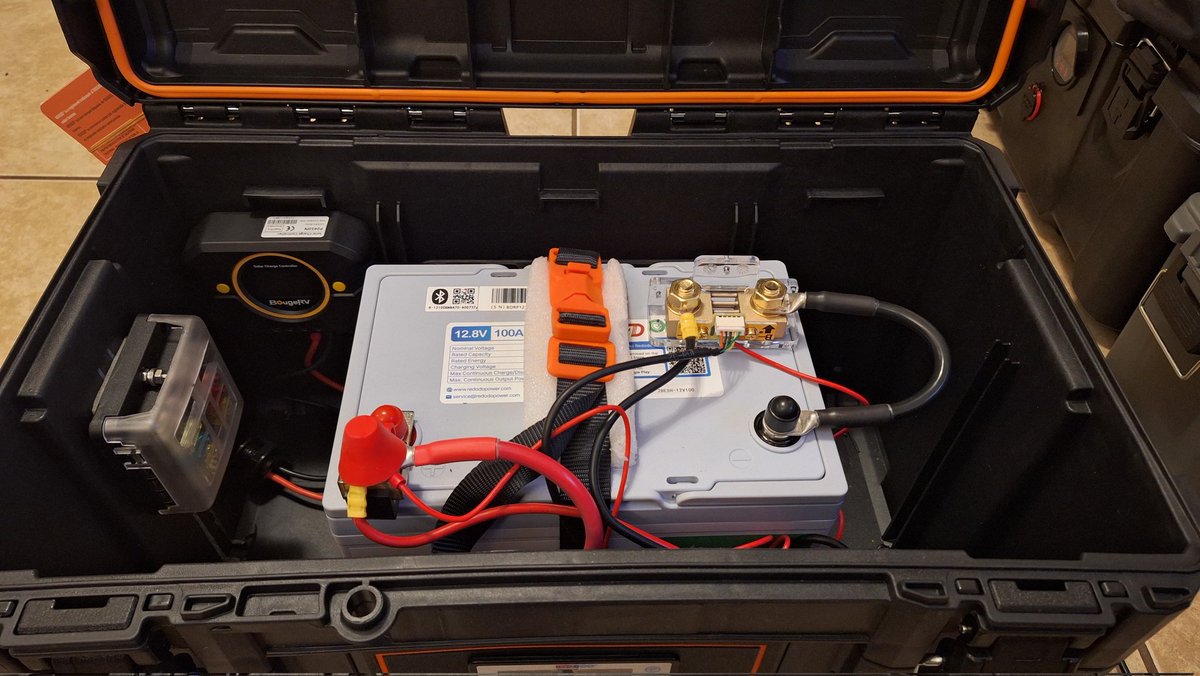 Work in progress... Waiting for an inverter, MPPT controller, cables, then decide where to drill holes for 12v and 120v outlet, charging ports, Powerpoles, etc.
