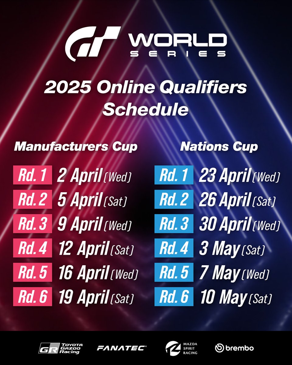 The 'Gran Turismo World Series 2025' Online Qualifiers start 2 April. 🗓️Compete for your chance to be part of the 2025 live events!

Selection criteria and live event schedule details will be available in the Championship Overview, releasing mid-March.

#GT7 #GranTurismo #GTWS
