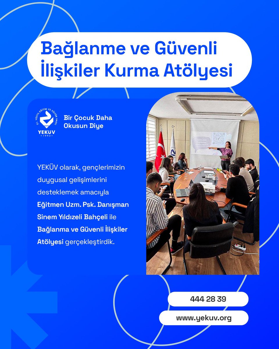 Bağlanma ve Güvenli İlişkiler Atölyesi
YEKÜV olarak, gençlerimizin duygusal gelişimlerini desteklemek amacıyla Eğitmen Uzm. Psk. Danışman Sinem Yıldızeli Bahçeli ile Bağlanma ve Güvenli İlişkiler Atölyesi gerçekleştirdik.