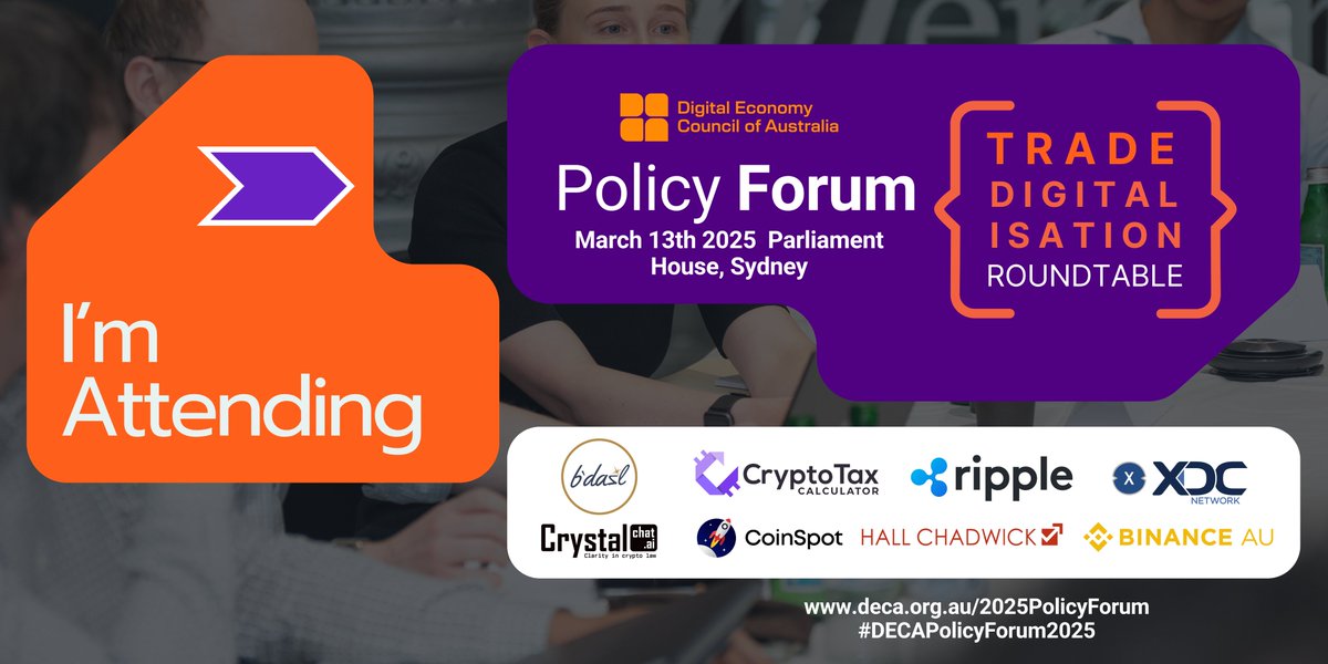 XDC_Australia's tweet photo. Our thanks to the Digital Economy Council of Australia @DECAustralia for their visionary initiative supporting this edition of #DECAPolicyForum2025 with a #TradeDigitalisation inclusion.

@SeanOfTheWeb3 takes the chair on this formal prelude to Parliamentary advice. @XDC_Network https://t.co/dCmW1T2VLd
