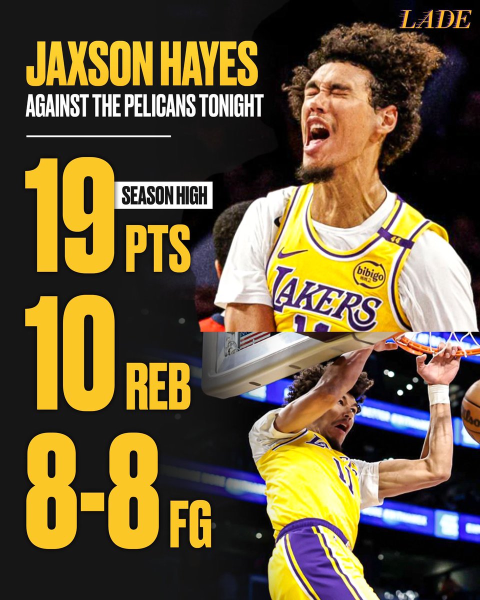 LADEig's tweet photo. Jaxson Hayes is THRIVING 💯

SHOW SOME LOVE TO OUR CENTER 💛💜 https://t.co/lnF51aiqs9