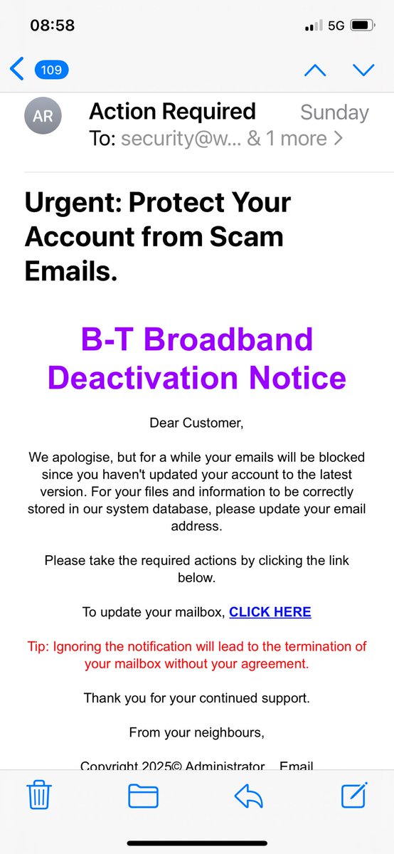 HenninghamDavid's tweet image. Friends of Twitter, beware of this email scam
@bt_uk 
#scam #emailscam