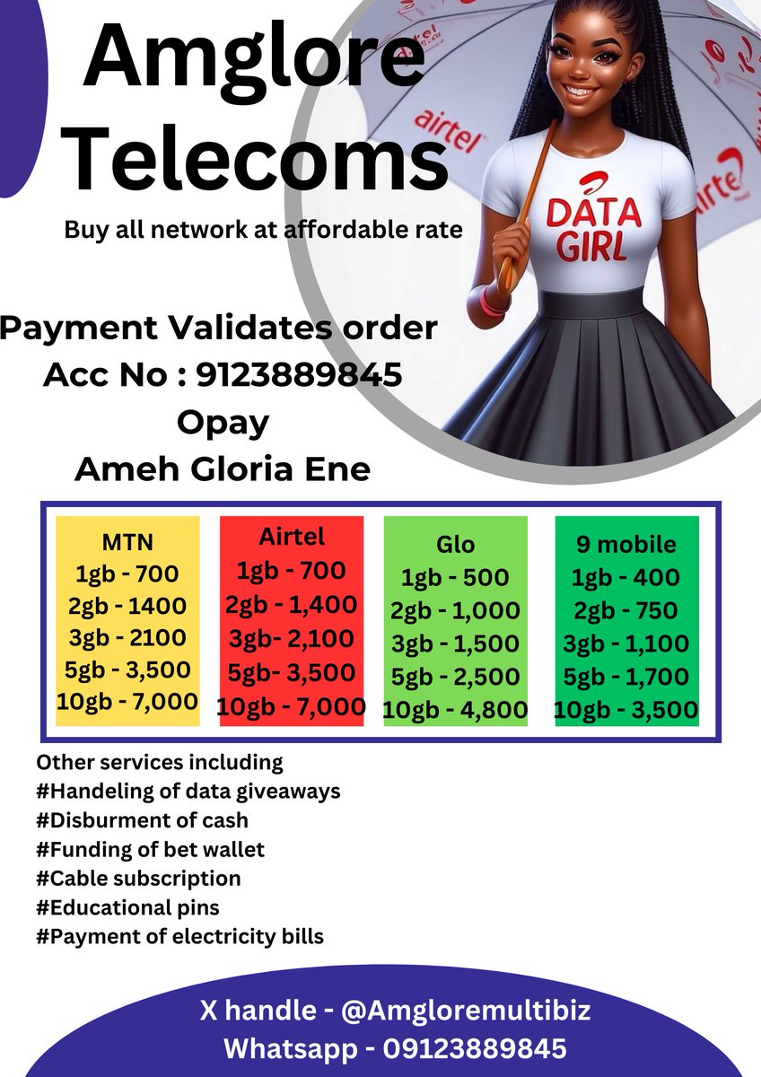 Amgloremultibiz's tweet image. My prices are affordable, buy 1gb, 2gb or more from me today. Foodstuffs package also available
Frame 2 - 21k
Frame 3 - 25k

Payment Validates orders 
Acc details - 9123889845, Opay, Ameh Gloria

Location : Ikorodu, Lagos
Delivery within Lagos
Pls RT, refer &amp;amp;  Patronize
#iyaloja