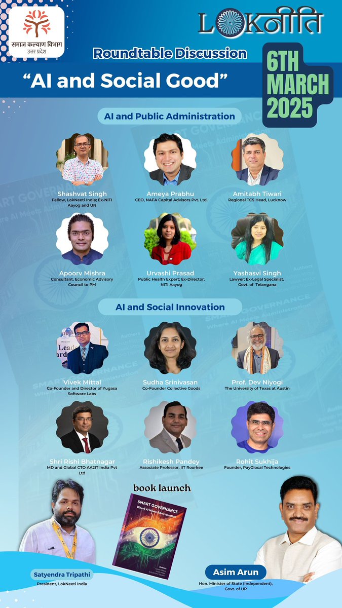 LokNeeti India (@lokneetiindia) on Twitter photo Hearing Change Makers on “AI and Social Goods”*
In collaboration with Government of Uttar Pradesh’s <a href="/UPSamajKalyan/">UP Samaj Kalyan Vibhag</a> , we are organising roundtable discussions on AI’s role, impact and future in public administration and social innovation. Hearing Change Makers on “AI and Social Goods”*
In collaboration with Government of Uttar Pradesh’s <a href="/UPSamajKalyan/">UP Samaj Kalyan Vibhag</a> , we are organising roundtable discussions on AI’s role, impact and future in public administration and social innovation.