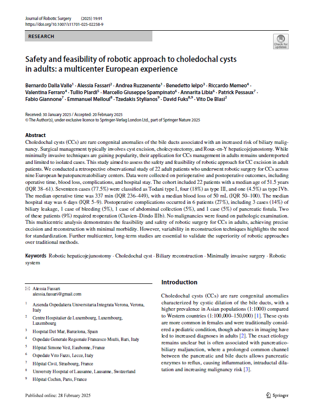 🗞Safety and feasibility of robotic approach to choledochal cysts in adults: a multicenter European experience

📑 Journal of Robotic Surgery  2025

🤖 link.springer.com/article/10.100…