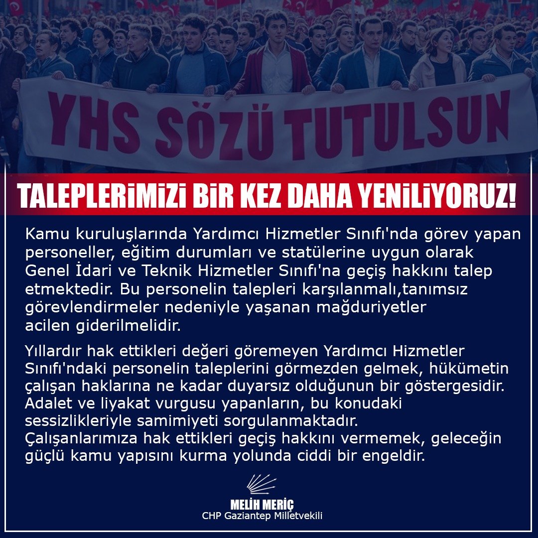 Melih Meriç / CHP Gaziantep Milletvekili;

🔴 "Kamu kuruluşlarında Yardımcı Hizmetler Sınıfı'nda görev yapan personeller, eğitim durumları ve statülerine uygun olarak Genel İdari ve Teknik Hizmetler Sınıfı'na geçiş hakkını talep etmektedir. Bu personelin talepleri karşılanmalı."